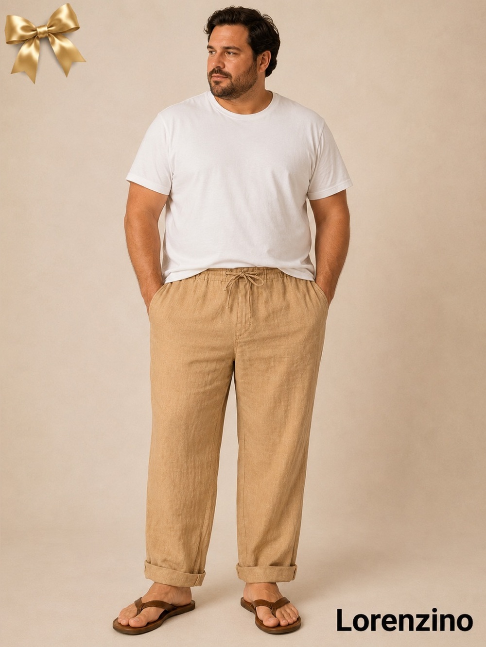 Lorenzino 100% Linen Drawstring Pants Men’s XL Tan